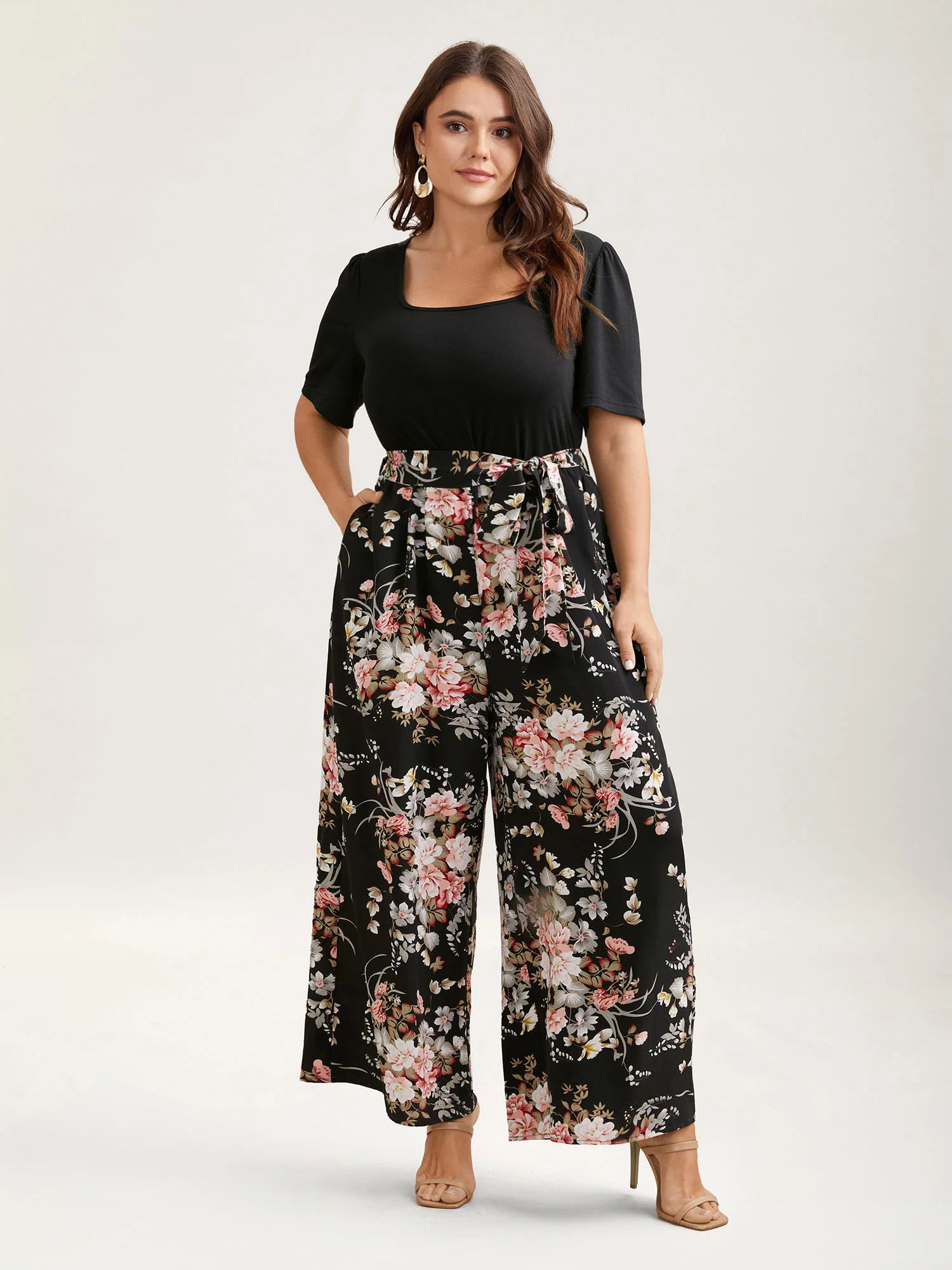 Color Contrast Belted Panel Pockets Jumpsuit | Bloomchic