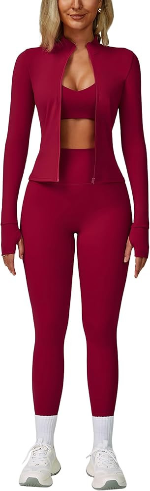 ABOCIW 3 Piece Workout Sets for Women Zipper Long Sleeve Jacket Racerback Sports Bra High Waist L... | Amazon (US)