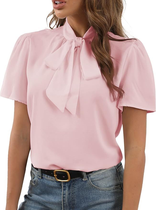 Rooscier Women's Bow Tie Knot Mock Neck Short Sleeve Elegant Workwear Blouse Shirt Top | Amazon (US)