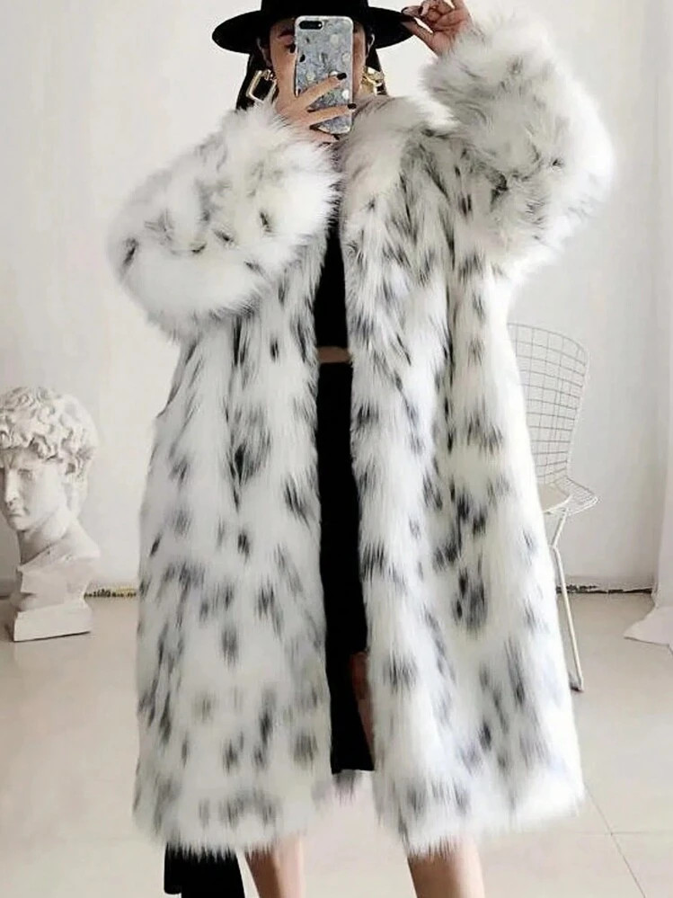 Ladies' Fluffy Long Coat, Fashionable Casual Leopard Print Black Fluffy Outwear | SHEIN