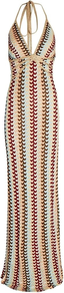 Beautiful Nomad Women’s Crochet Maxi Dress Sexy Backless Striped Bodycon Halter Knit Summer Bea... | Amazon (US)