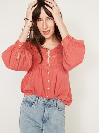 Long-Sleeve Embroidered Lace-Trimmed Blouse for Women | Old Navy (US)