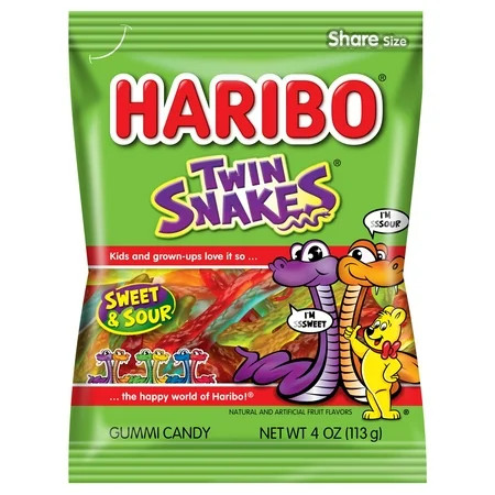 HARIBO Twin Snakes Gummies Original Sweet and Sour Assorted Fruit Flavor Gummy Candy, 4 oz, Share Size Peg Bag | Walmart (US)