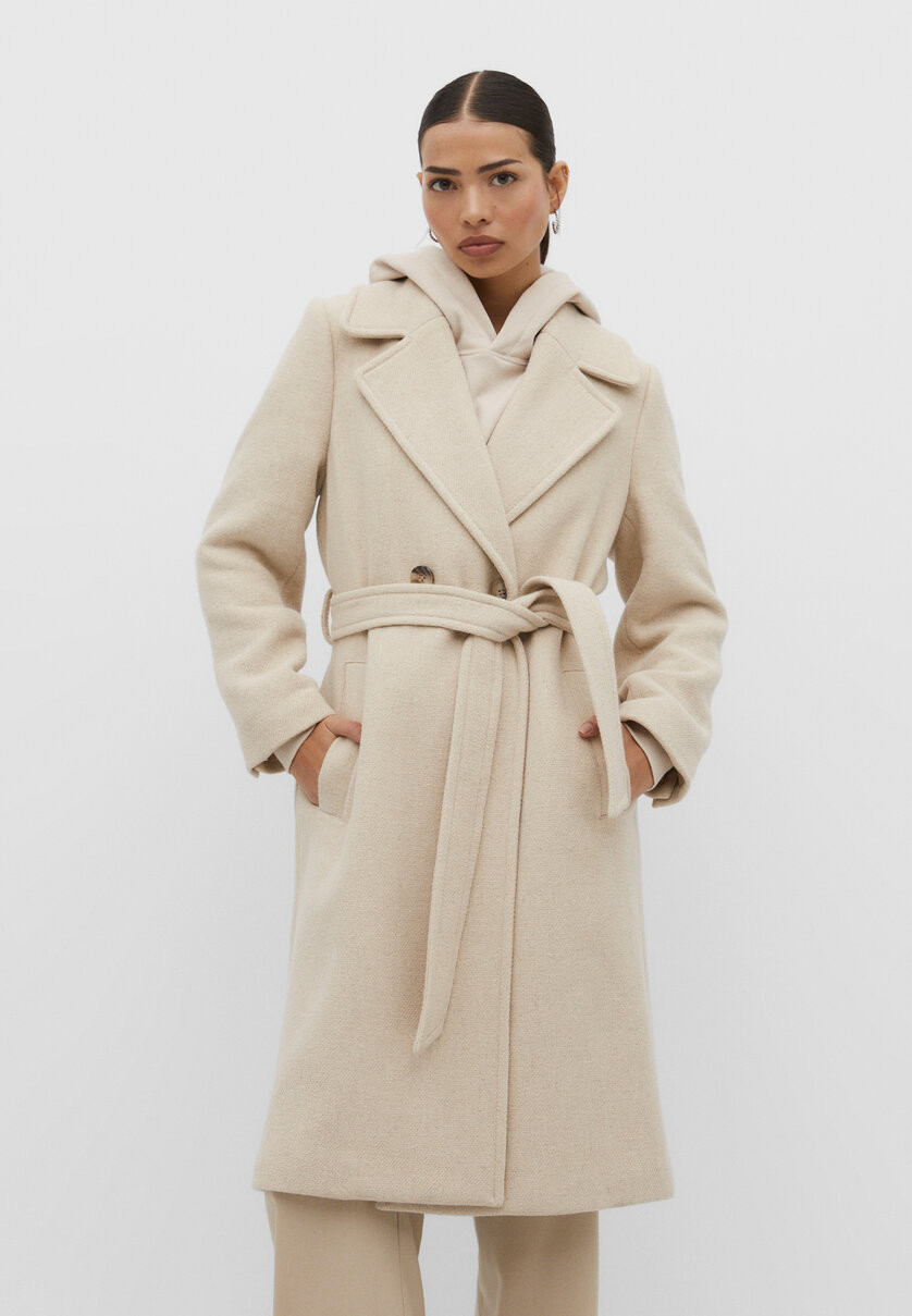 Felt texture coat with belt - Women's fashion | Stradivarius United Kingdom | Stradivarius (UK)