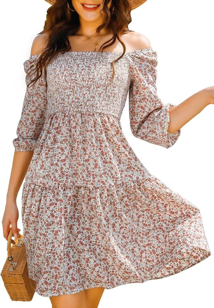 Womens Casual Square Neck Dress Puff Slevee Floral Smocked Flowy Off Shoulder Boho Dresses | Amazon (US)