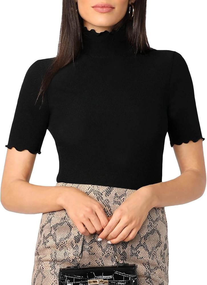 Verdusa Women's Lettuce Trim Turtleneck Short Sleeve Slim Fitted Tee Top | Amazon (US)