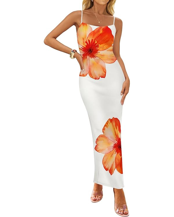 ZESICA Women’s Summer Bodycon Maxi Dresses 2025 Floral Spaghetti Strap Squre Neck Sleeveless Bo... | Amazon (US)
