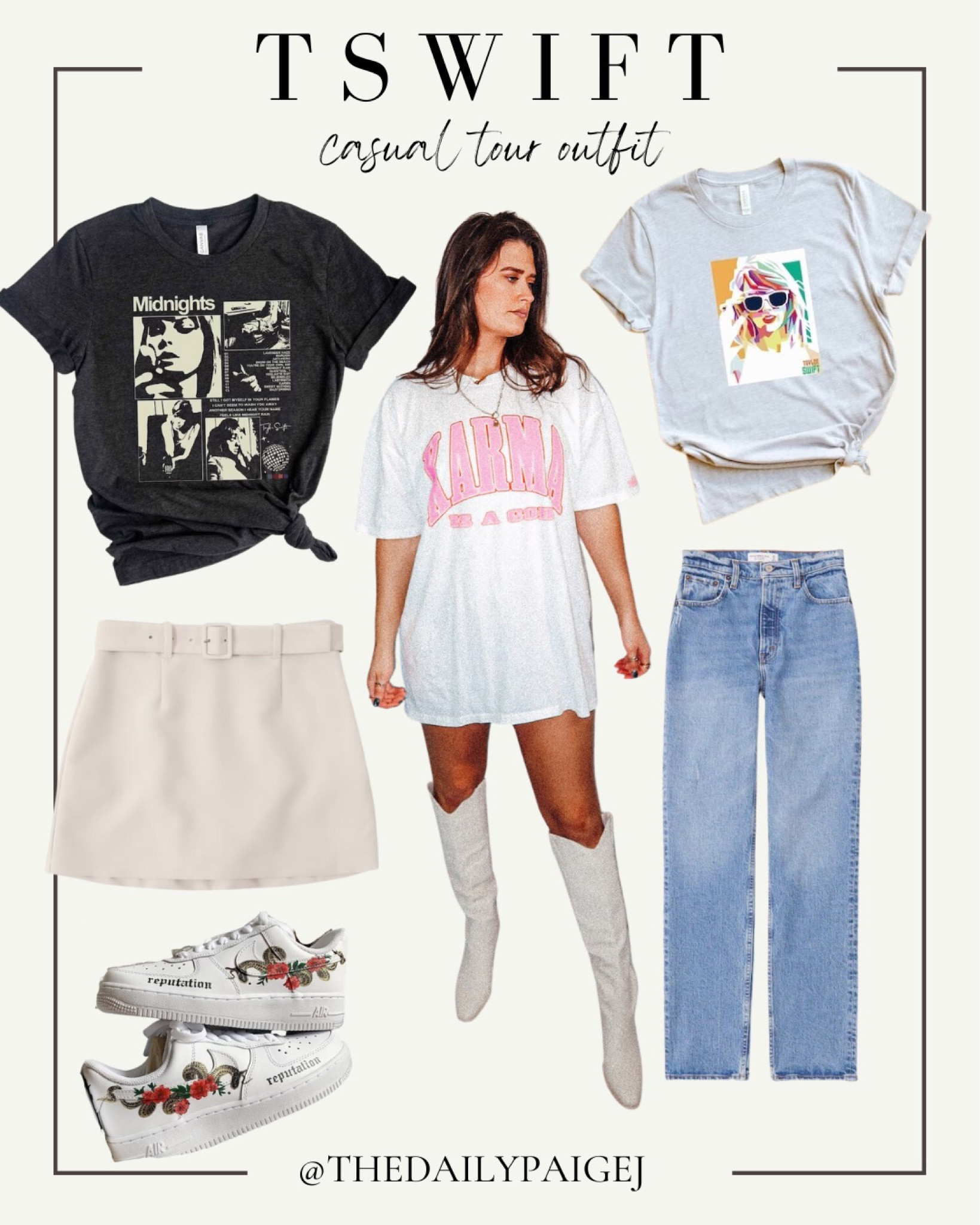Looking to go to the Taylor Swift Eras Tour in a casual outfit? Go for a Taylor swift tshirt with a good pair of light wash jeans or mix it up with a Taylor Swift Tee and a skort. Want a lightweight outfit for warmer weather? Go for a Karma Tee shirt dress with cowboy boots or custom Taylor Swift sneakers. 

Swiftie, Concert, Stadium Bag, Taylor Swift Concert, Lavender Haze, Concert outfit, Taylor Swift Concert Outfit, Lover Concert, Taylor Swift Eras, Taylor’s Version, Midnights, Taylor Swift Sneakers, Casual Concert Outfit

#LTKFind #LTKFestival #LTKSeasonal