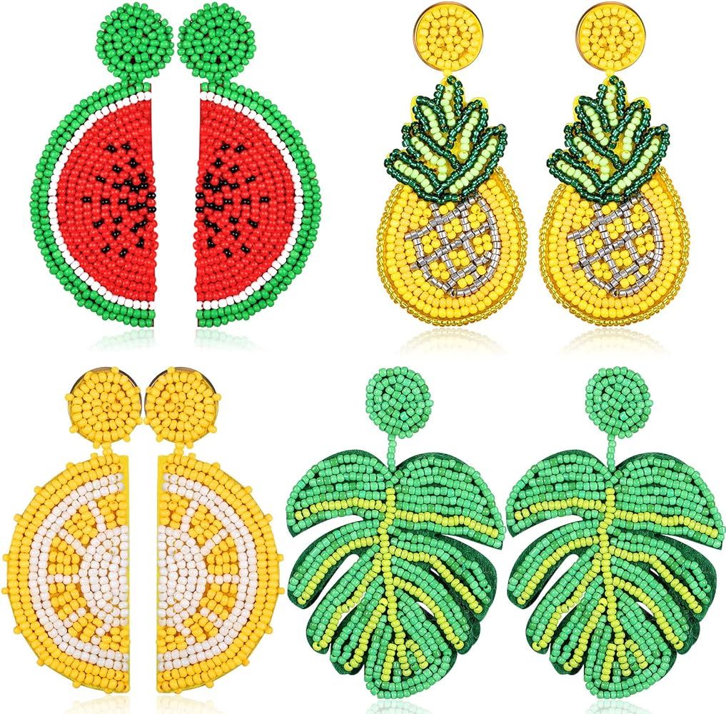 Beaded Fruit Earrings 4 Pairs Bohemian Statement Dangle Earrings Watermelon Pineapple Lemon Leaves S | Amazon (US)