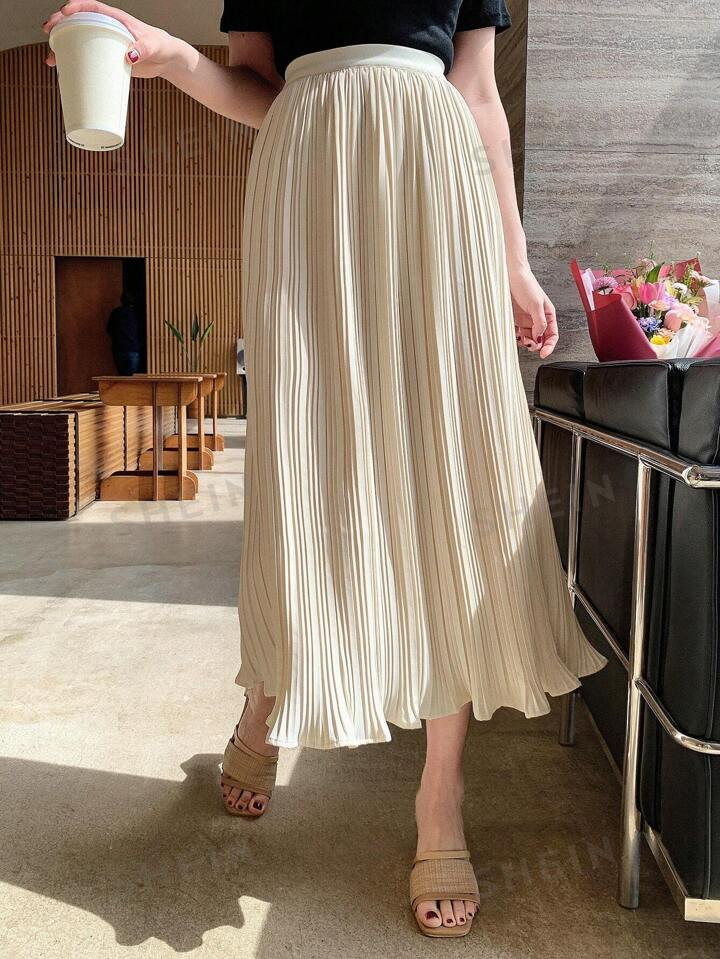 DAZY Ladies' Solid Color Pleated Mid-Length Skirt | SHEIN