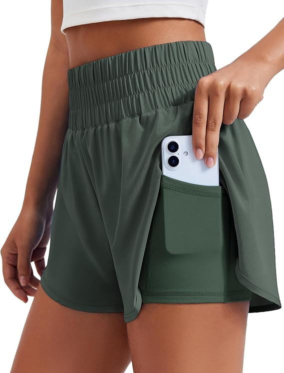 PINSPARK Women's 2 in 1 Running Shorts High-Split Athletic Short High Waisted 3" Liner Workout Gy... | Amazon (US)