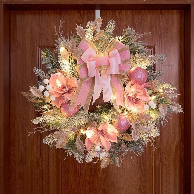 Pink Christmas Wreath for Front Door with 30 LEDs Light,Winter Christmas Holiday Porch Decor,Ligh... | Amazon (US)