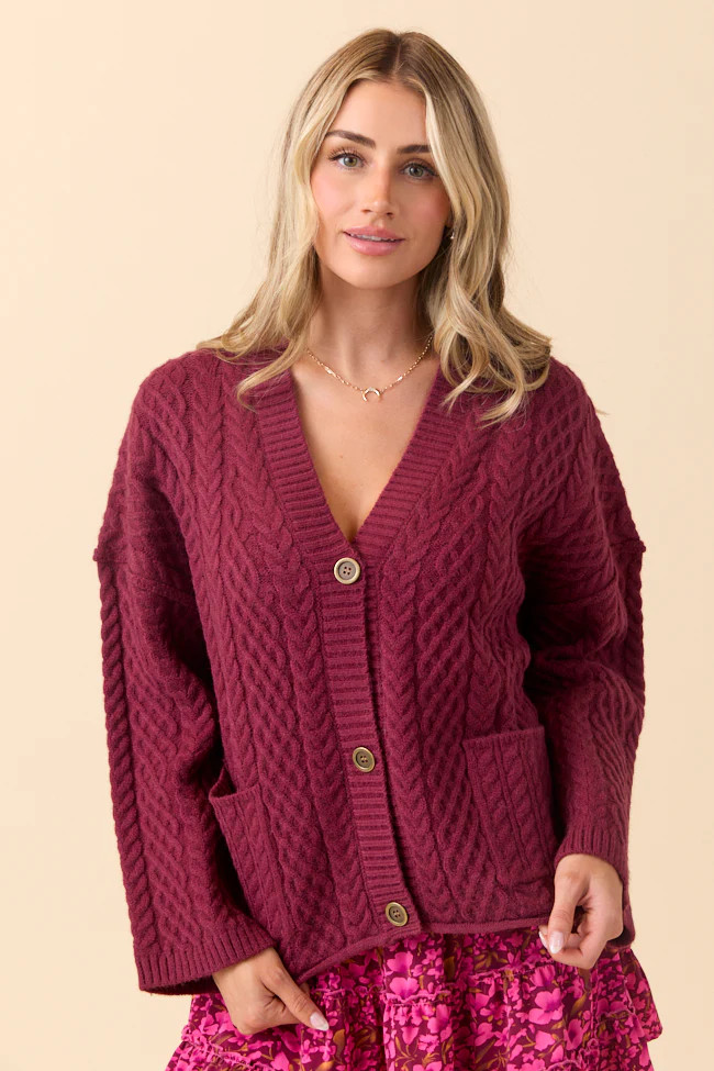 Pippa Maroon Cable Knit Cardigan | Pink Lily