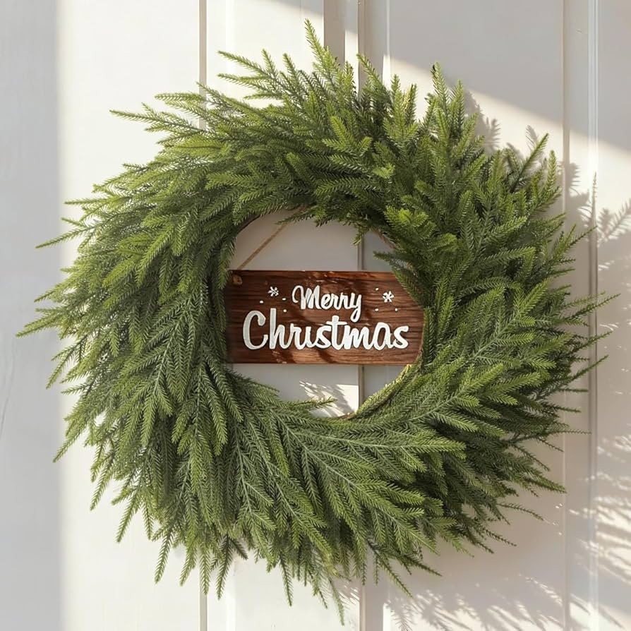 24 Inch Real Touch Christmas Wreath for Front Door: Norfolk Pine Wreath with Welcome Wooden Sign ... | Amazon (US)