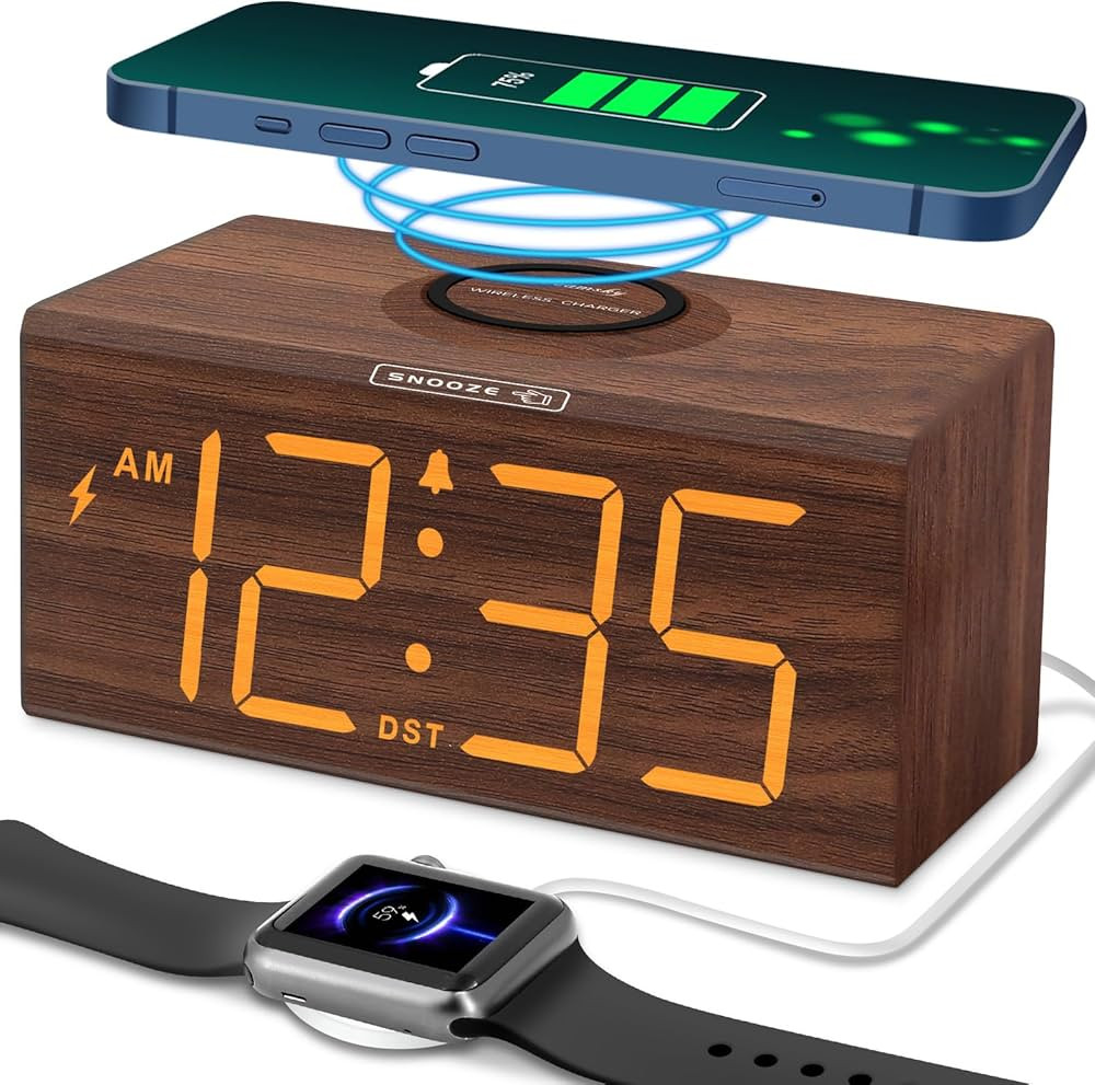 DreamSky Wooden Digital Alarm Clock with Wireless Charging for Bedroom, Bedside Nightstand Clock ... | Amazon (US)