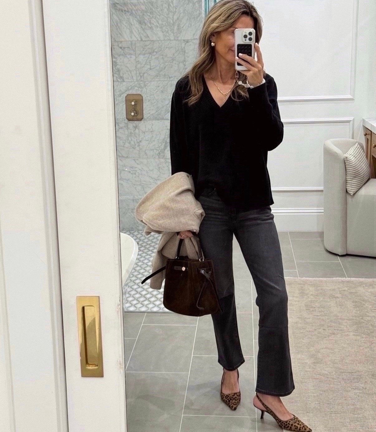 Quince kick flare jeans. I size up one size, I’m 5’6” -black v-neck sweater -leopard heels TTS. #LTKootd

#LTKootd #LTKOver40