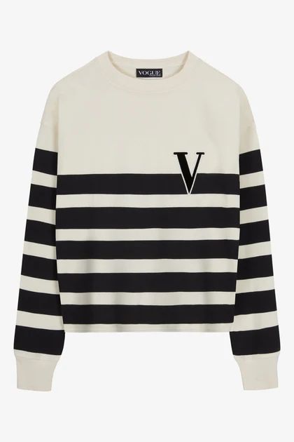 Sweatshirt VOGUE rayé noir et écru avec patch en velours | Vogue FR
