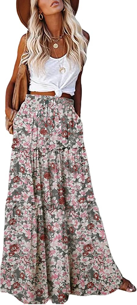 EARKOHA Womens Casual High Waist Tie Paisley Print Long Maxi Skirt with Pockets | Amazon (US)