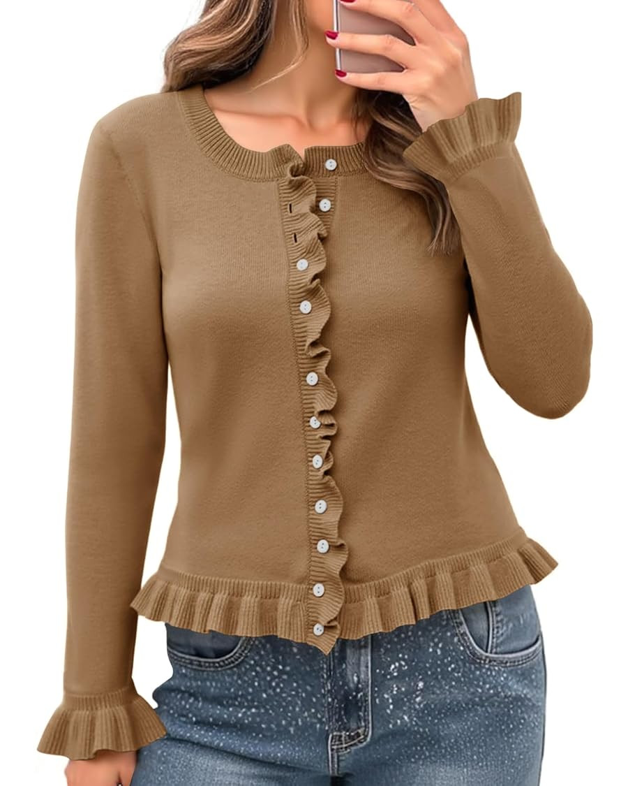 Saodimallsu Womens Ruffle Cardigan Sweaters Button Up Crew Neck Long Sleeve Cropped Sweater Cute ... | Amazon (US)