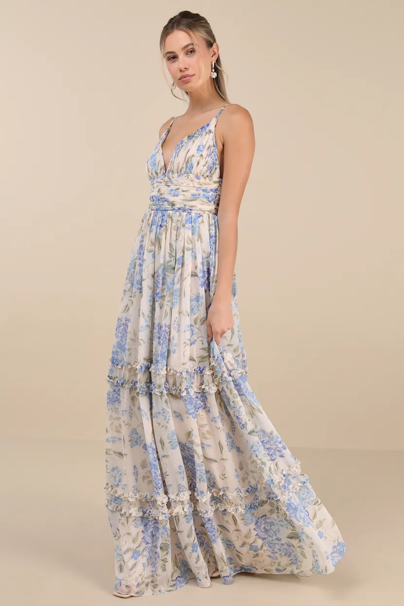 Niora Beige and Blue Floral Pleated Maxi Dress | Lulus