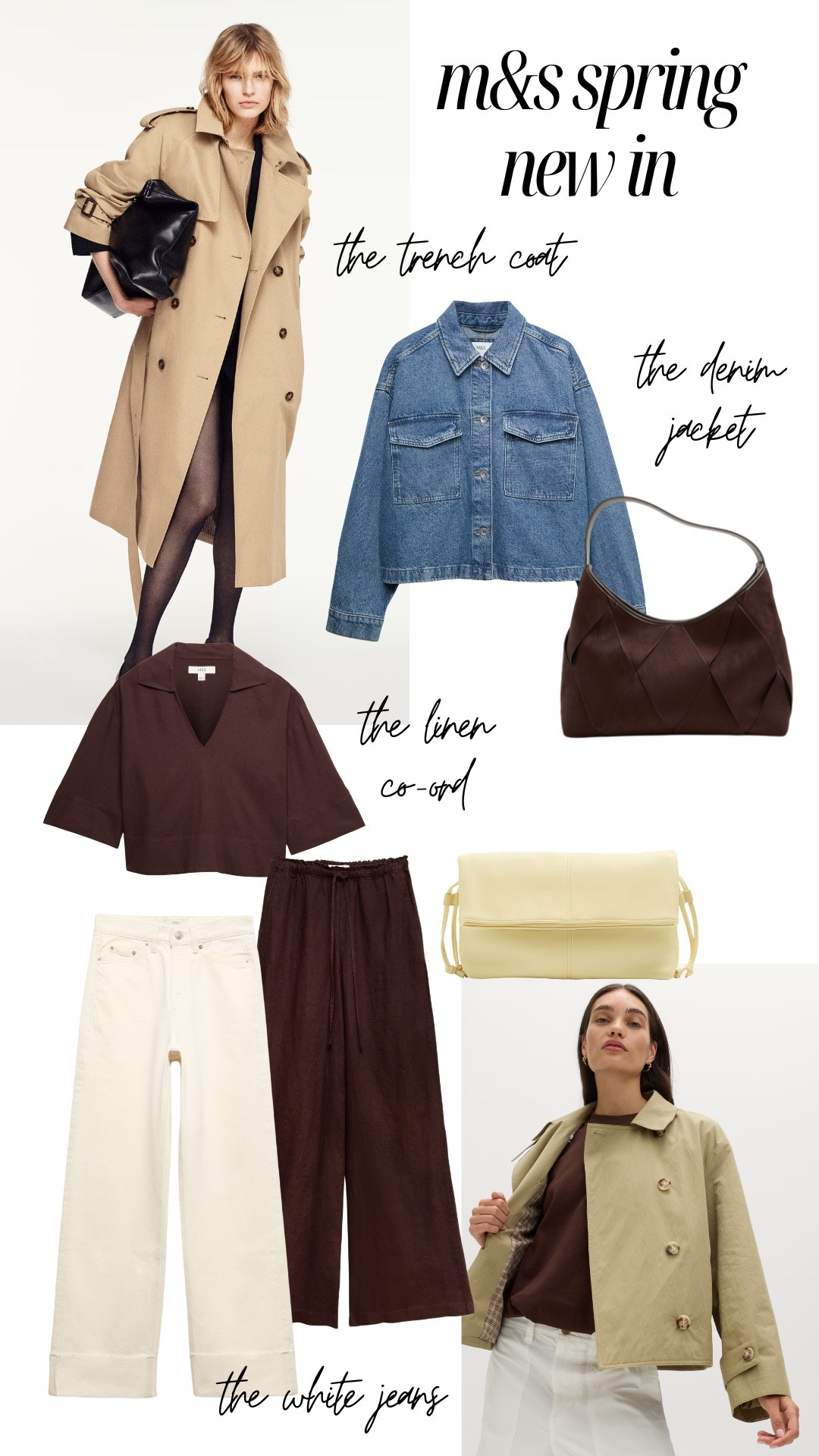 New in M&S Spring edition 🌷 trench coats, denim jackets, linen co ord, white denim jeans, butter yellow and chocolate brown suede bag

#LTKjeans #LTKstyletip #LTKspring