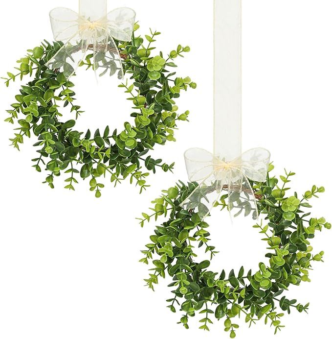 2 Pieces 10 Inch Faux Kitchen Cabinet Wreaths Mini Boxwood Wreaths with Ribbon Organza Room Decor... | Amazon (US)