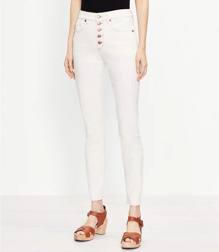 Button Front High Rise Skinny Jeans in Natural White | LOFT