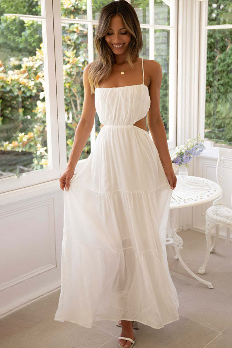 Ruched Cut Out Tiered Hem Vacation Slip Maxi Dress | Cherley