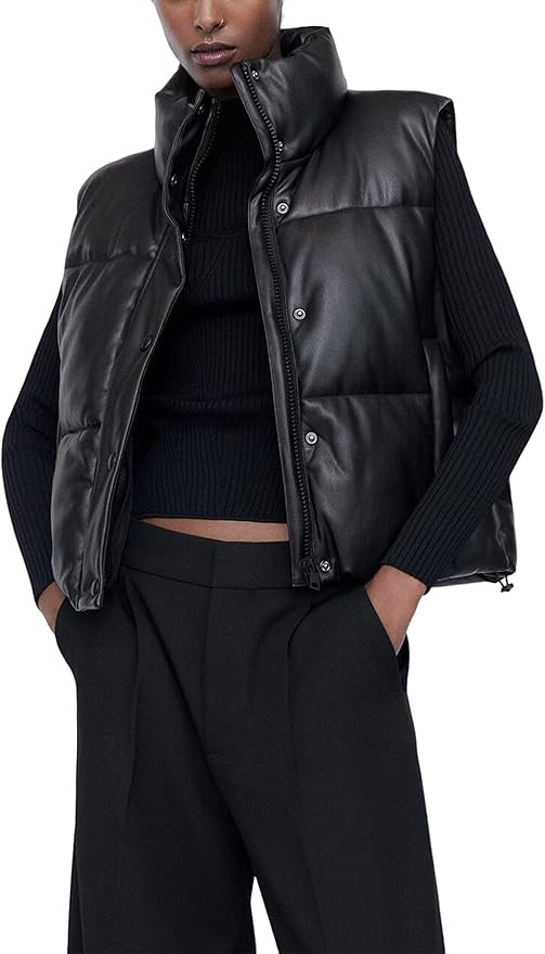 Tanming Womens Faux Leather Puffer Vest Winter Lightweight Zip Up Stand Collar Padded Gilet (Blac... | Amazon (US)