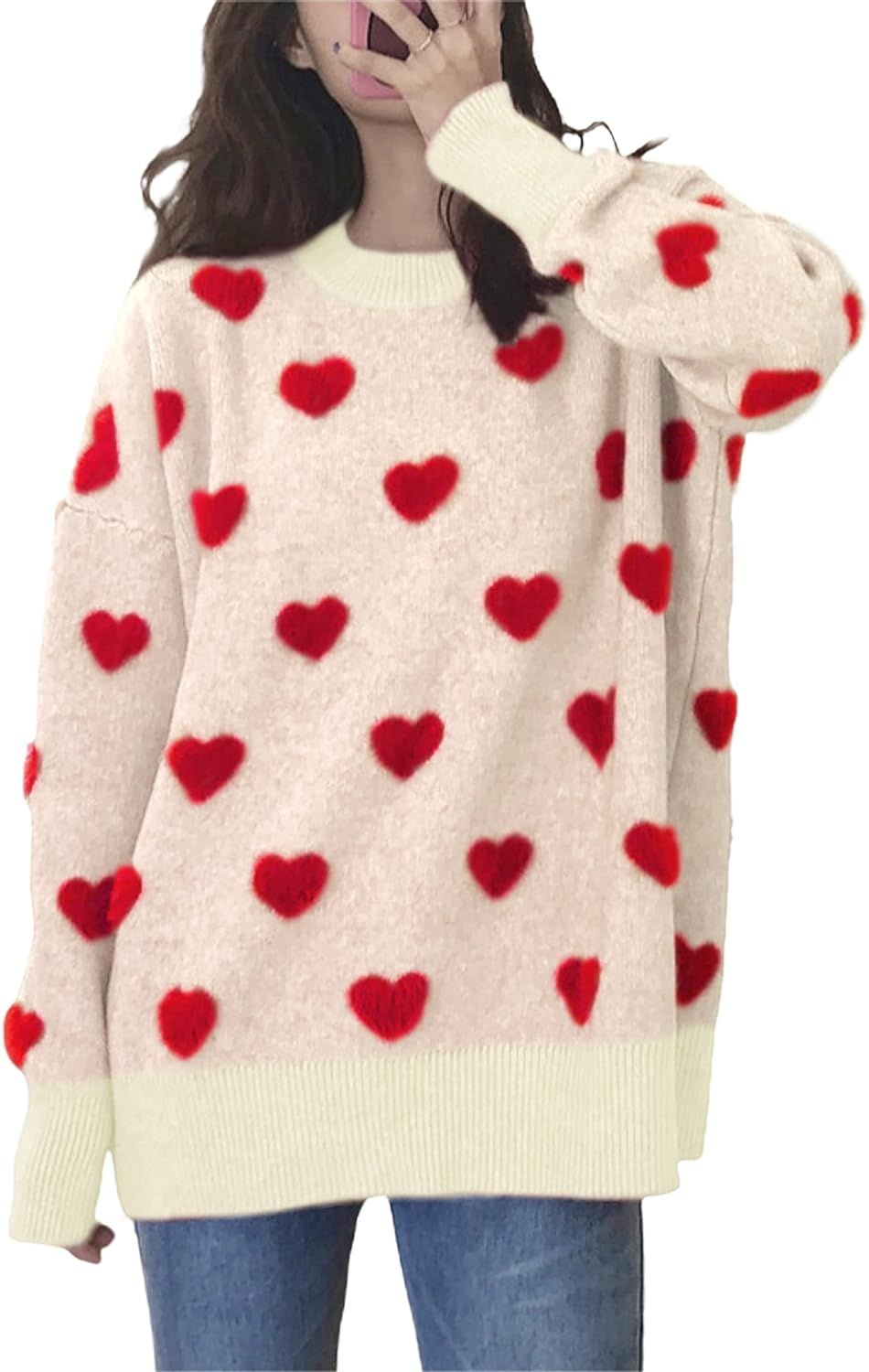 Qiaomai Womens Cute Heart Sweater Crew Neck Long Sleeve Short Knit Pullover Sweaters | Amazon (US)