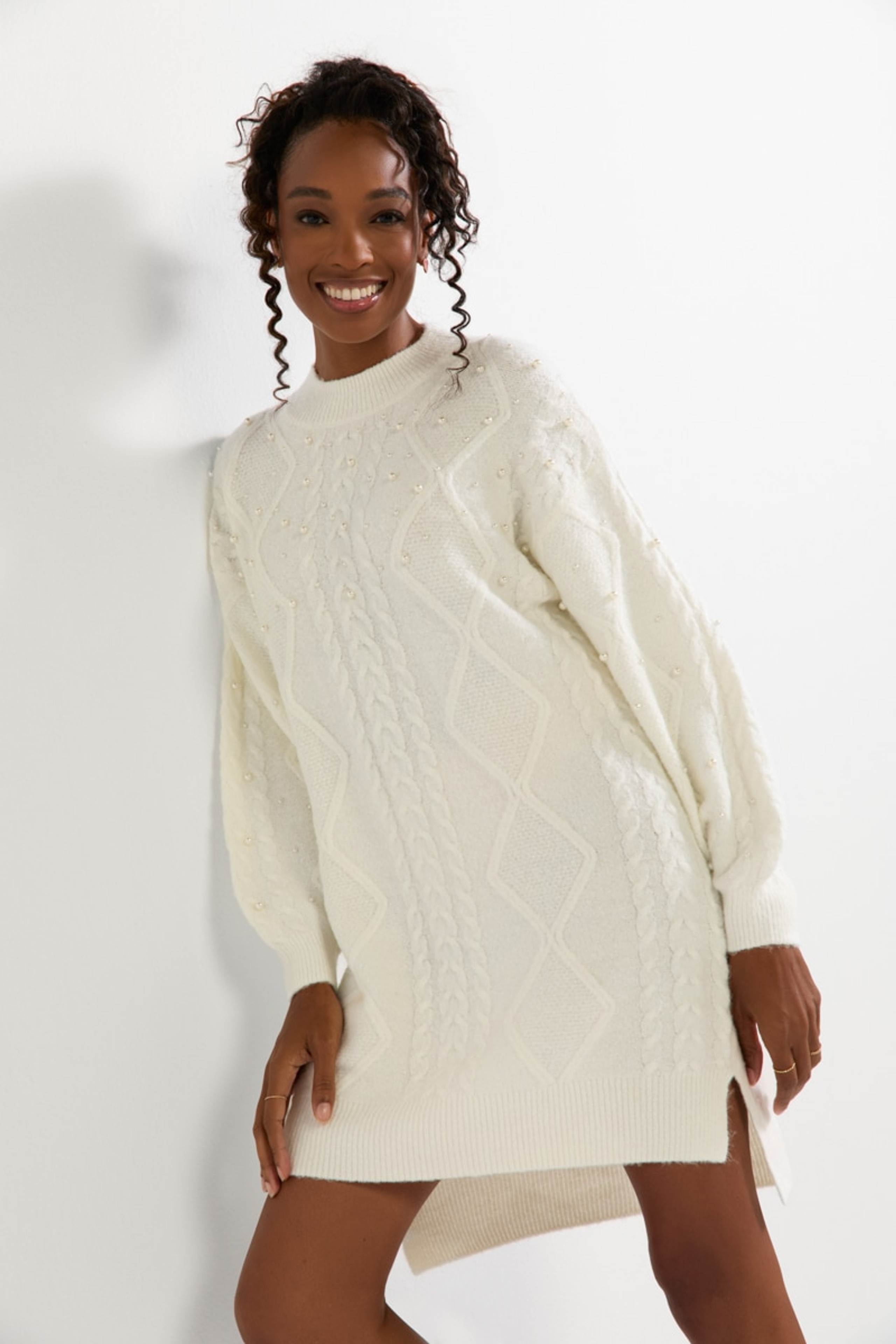 Elsa Pearl Embellished Cable Sweater Mini Dress | Francesca's