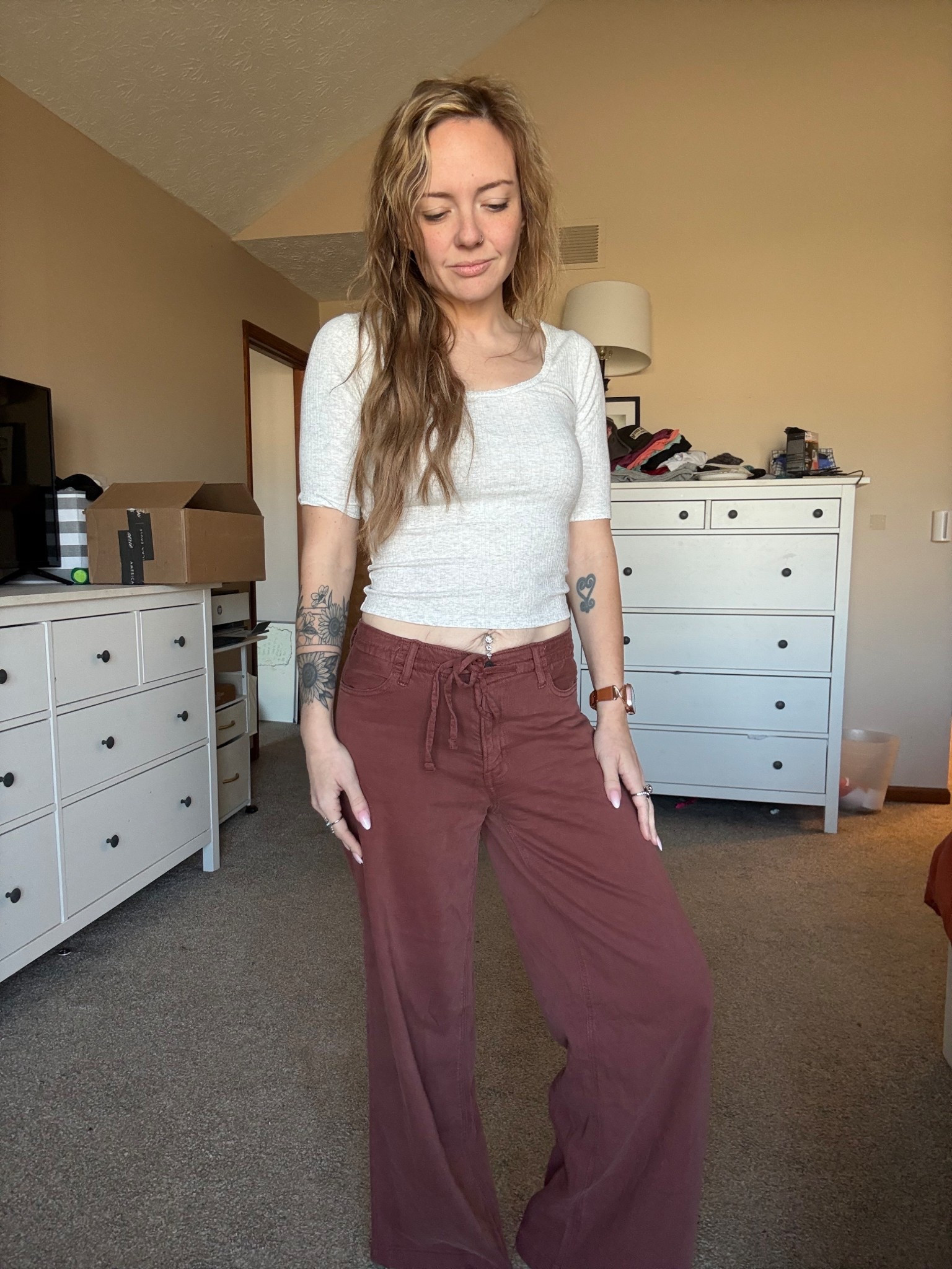 Soft neutrals and comfy basics are my whole personality right now. These wide leg pants are a size 00 and run big, so definitely size down if you’re between sizes. The ribbed crop top is a size small and fits true to size. This outfit is perfect for everyday casual style, easy mom outfits, loungewear that still looks put together, and fall wardrobe staples.

#LTKootd #LTKmomlife #LTKFindsUnder100