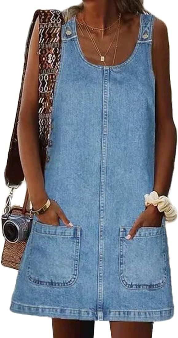 Xaspee Denim Overall Dress for Women Casual Mini Sleeveless Jean Vintage Jumper Skirt Dress with ... | Amazon (US)