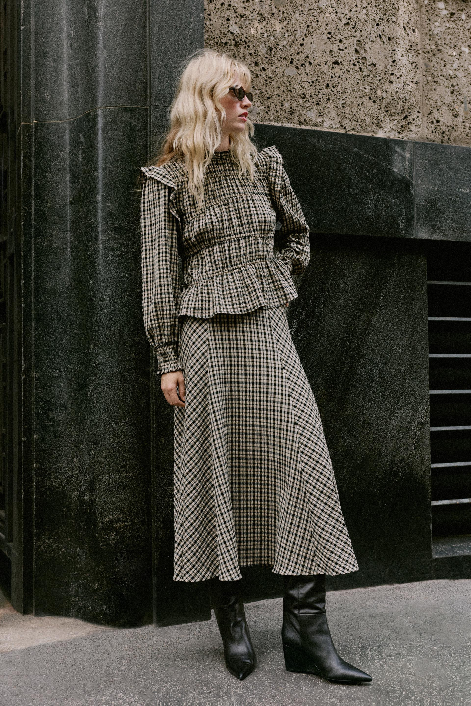 Zara - Plaid Midi Skirt - Black / Ecru - L - Woman | Zara Canada