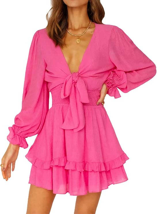 LYANER Women's Tie Front Plunge V Neck Ruffle Layer Long Sleeve Sexy Mini Dress | Amazon (US)