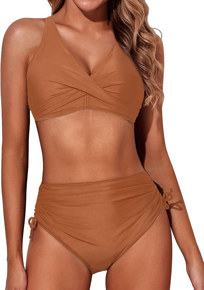 Aqua Eve Women High Waisted Bikini Twist Front Swimsuits Lace up Bikini Tops Ruched Push up 2 Pie... | Amazon (US)
