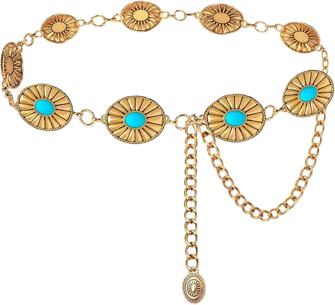 Western Belts for Woman Concho Belt Boho Metal Cowgirl Chain Belts for Dress Jeans Country Concer... | Amazon (US)