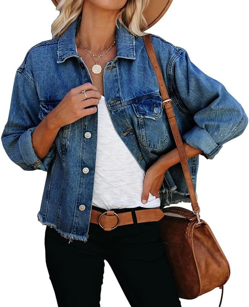 LAVIQK Women's Jean Denim Jacket Classic Trucker Shacket Button Up Frayed Cropped Loose Coats | Amazon (US)