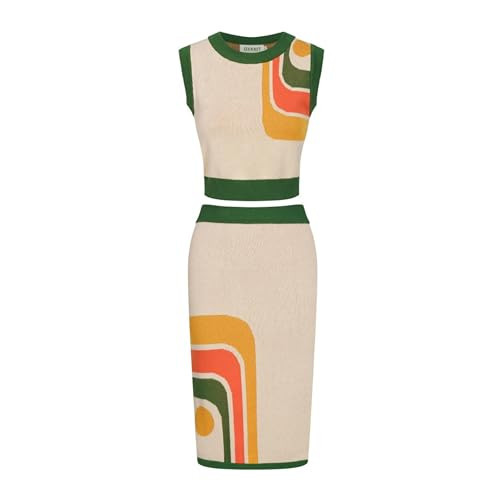 OXKNIT Women's Knitted Beige Vest Skirt Sets, 1960s Mod Style Retro Geometry Tank Straight Skirt 2 Piece Sets Summer Outfits | Amazon (US)