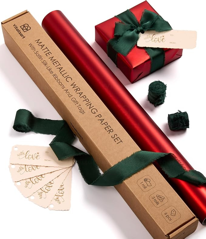 Vitalizart Red Matte Metallic Wrapping Paper Set 17" With Green Silk Like Satin Ribbon & Gift Tag... | Amazon (US)