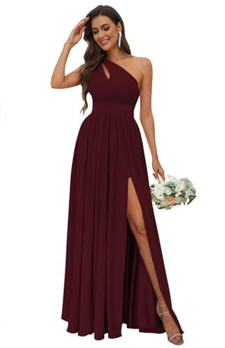 VCCICANY Women's Burgundy Bridesmaid Dress for Wedding Long Ruched One Shoulder Chiffon Evening Dress Size 12 | Amazon (US)