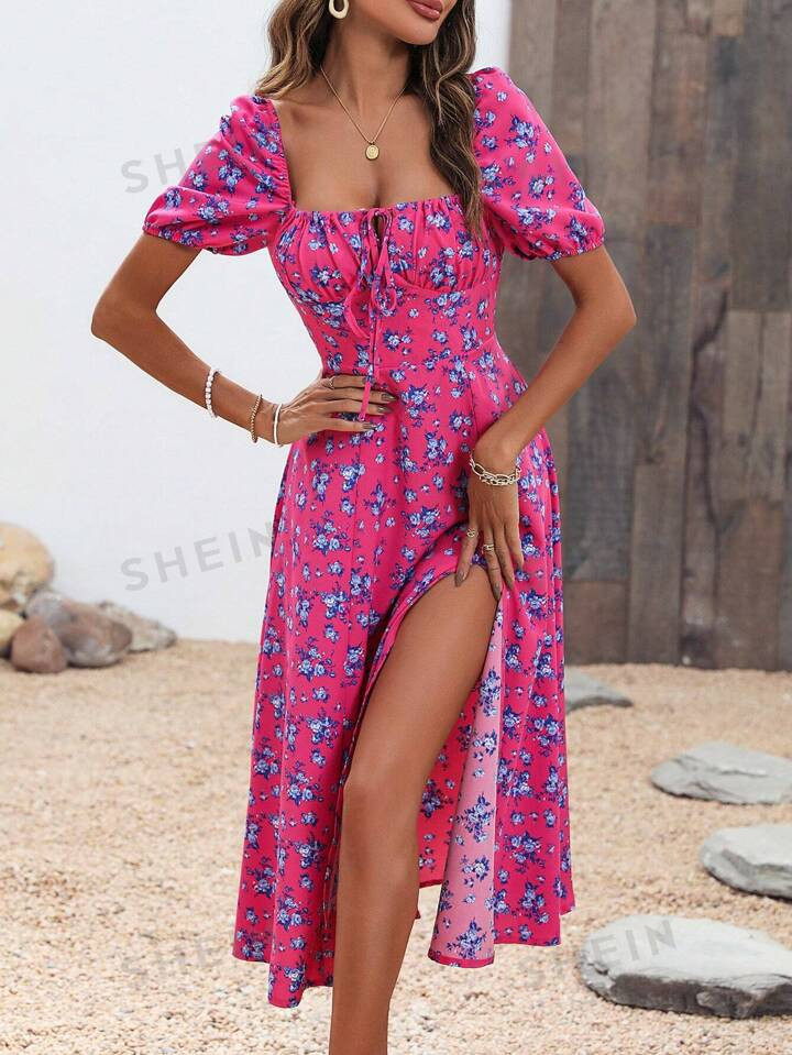 SHEIN VCAY Women's High Slit Floral Print Dress | SHEIN