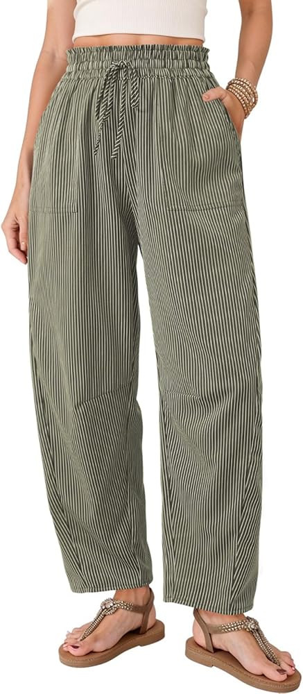 Dokotoo Women's Striped Barrel Casual Pants High Waisted 2026 Elastic Drawstring Trousers | Amazon (US)