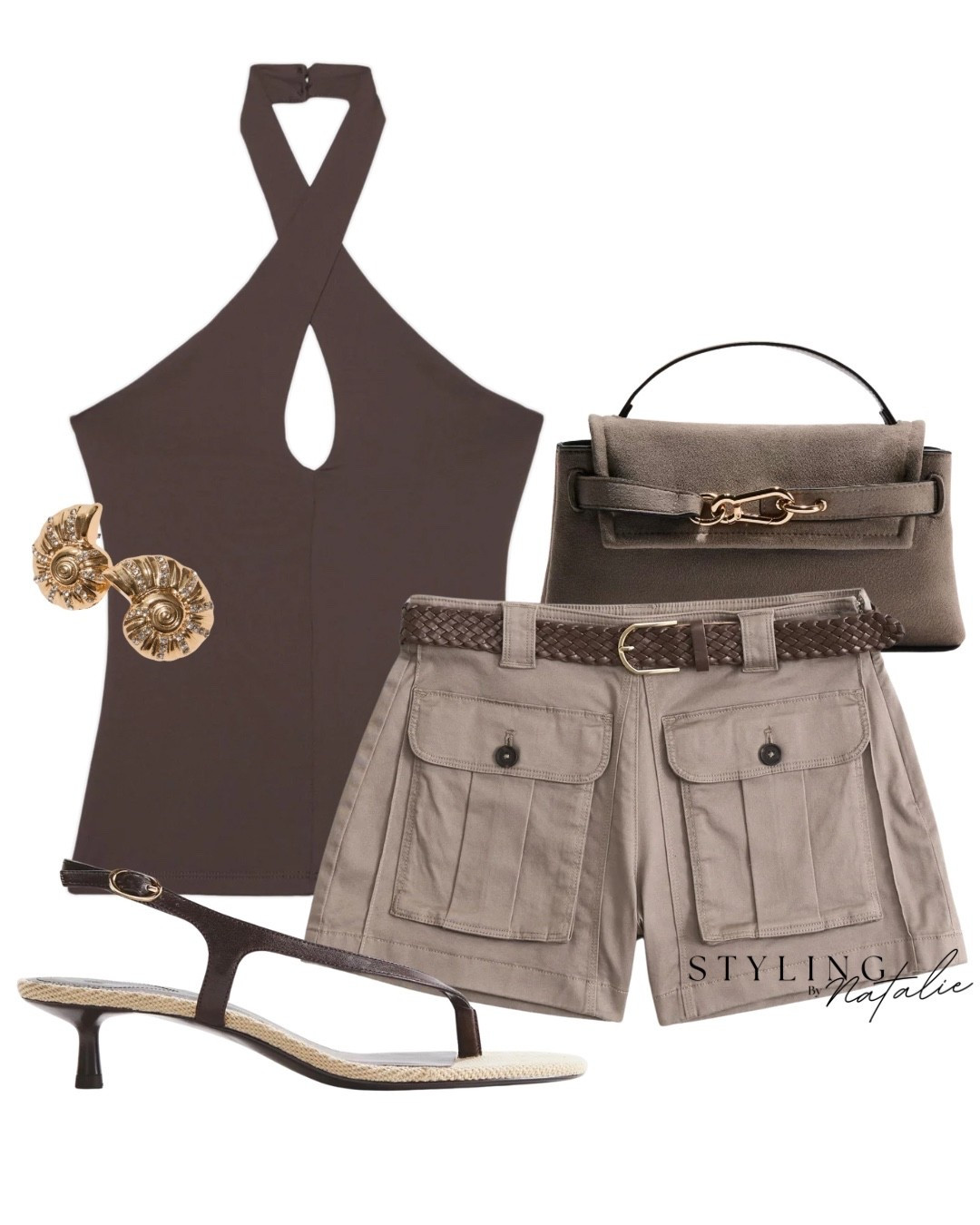 Heatwave styling ❤️‍🔥☀️ CARGO SHORTS 

Brown cross halter neck top with keyhole, belted mini cargo shorts and kitten heel sandals. Seashell earrings, taupe handbag. Abercrombie, H&M, high street, going out look, evening look, dressy casual, holiday outfit, date night, summer style

#LTKsummer #LTKuk #LTKdatenight