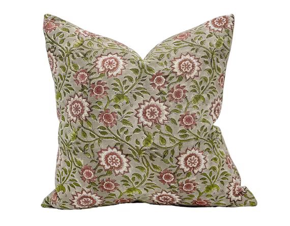 Designer Flowers on Natural Linen Pillow Cover // Grey Green | Etsy | Etsy (US)