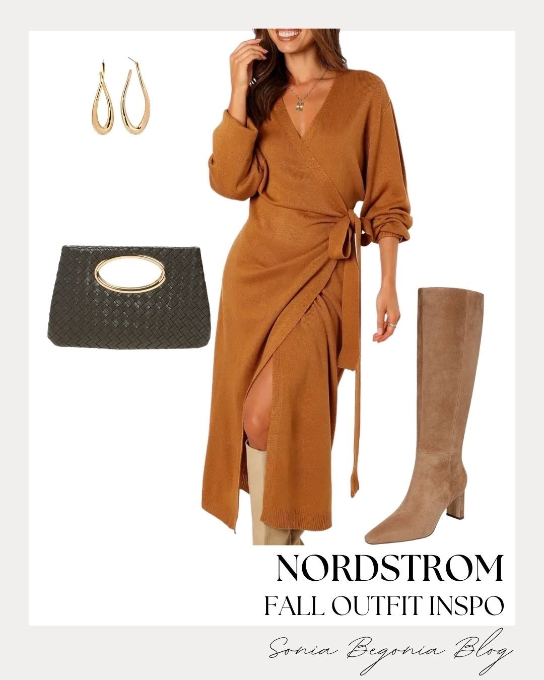 Chic Nordstrom fall outfit inspo! 🍂 

I styled a cozy camel-colored long-sleeve wrap sweater midi dress with knee-high taupe suede block-heel boots.

I paired the look with a black woven top-handle clutch and sleek gold teardrop hoop earrings for an elegant seasonal look. ✨

#Nordstrom #NordstromStyle #FallOutfits #LTKfall #SweaterDress #AutumnStyle #OOTD #DateNightLook

#LTKootd #LTKSeasonal