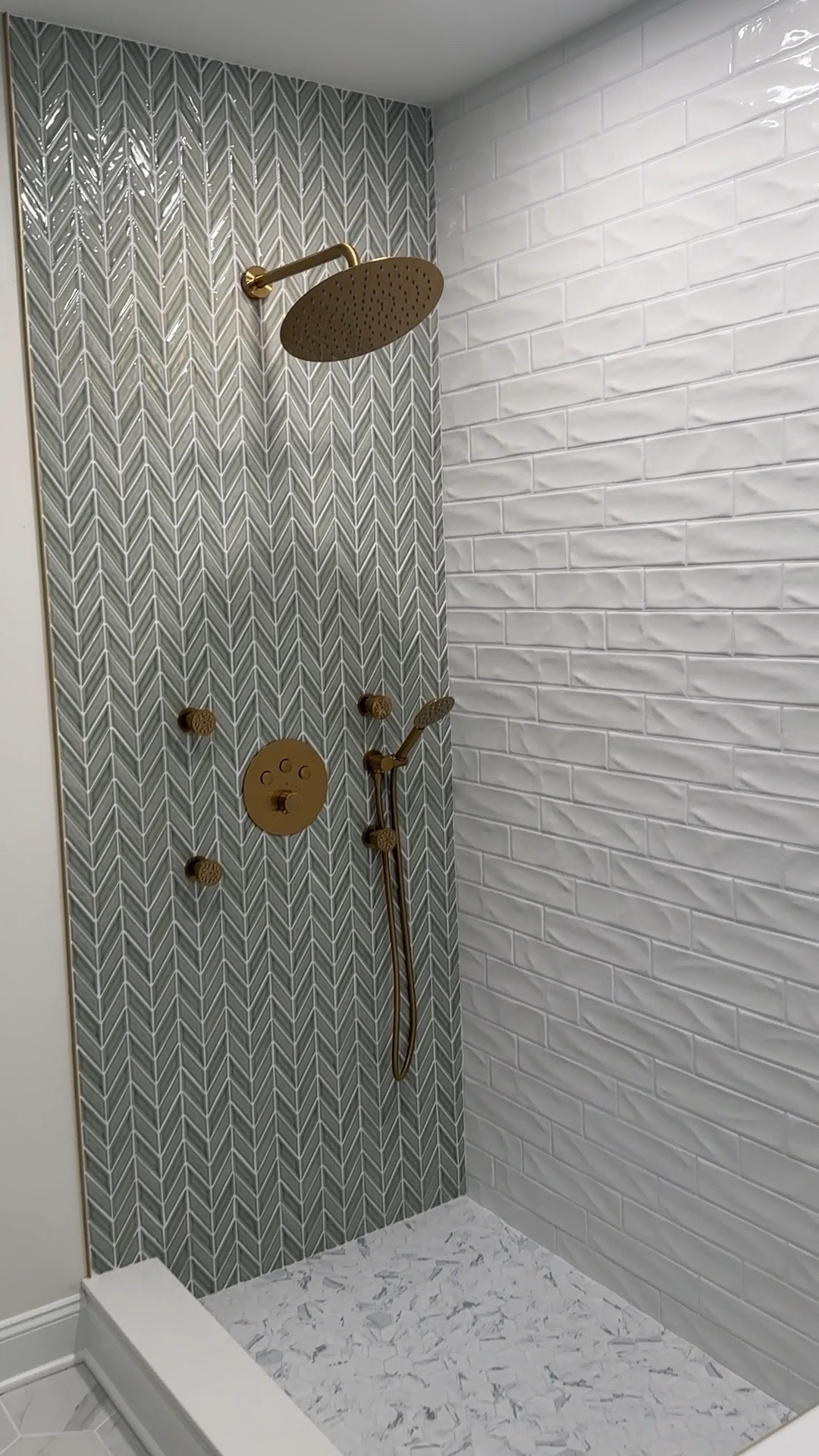 Full bath / bathroom renovation / tile shower / brown vanity / hexagon tile / bathroom inspo 

#LTKfamily #LTKhome #LTKfindsunder100