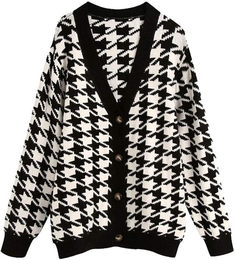 Women Oversized Houndstooth Knitted Cardigan Sweater Vintage V Neck Long Sleeve Female Outerwear Chi | Amazon (US)