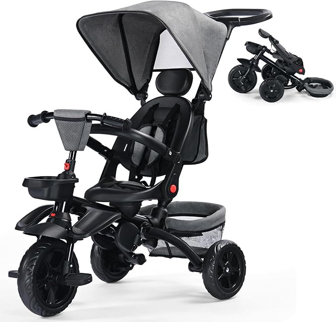 Kinder King Kids Tricycle, 7 in 1 Folding Toddler Trike w/Adjustable Push Handle, Rotatable Seat,... | Amazon (US)