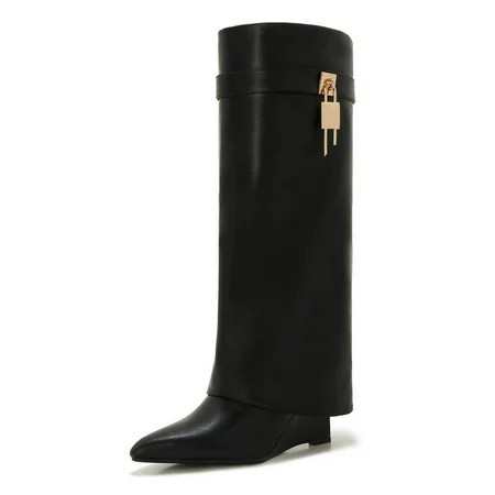 Women's Shark Boots – Fold-Over Knee-High Faux Leather Boots with Side Zipper, Lock Buckle and Wedge Heel Winter Style | Walmart (US)